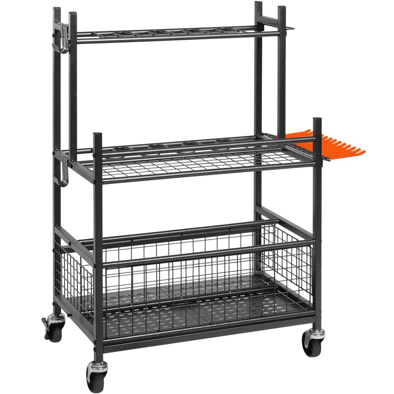 Black 16 Slots Carbon Steel Garage Tool Rack with 3 Shelves and Adjustable Hooks and Swivel Wheels